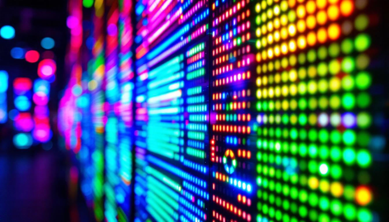 A photograph of a vibrant led display showcasing various colors and patterns