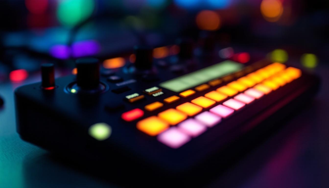 A photograph of a close-up shot of a video controller with an led display in action