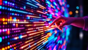 A photograph of a close-up shot of a vibrant led display in action