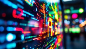 A photograph of a close-up of a vibrant led display showcasing various colors and numbers