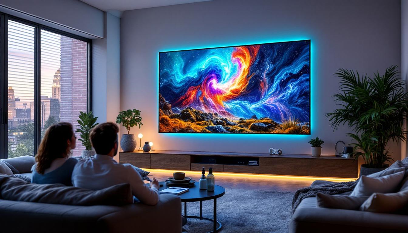 A photograph of a modern indoor setting featuring a high-quality led projector screen in use