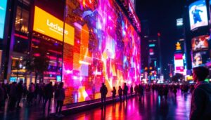 A photograph of a vibrant led display in a dynamic urban setting