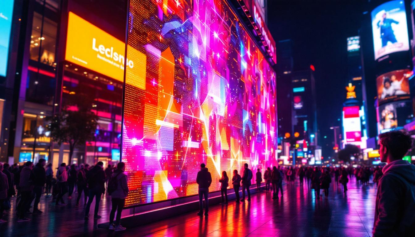 A photograph of a vibrant led display in a dynamic urban setting