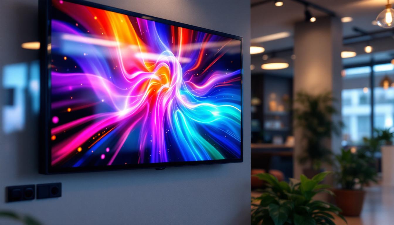 A photograph of a vibrant digital signage monitor displaying dynamic content in a modern setting