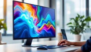 A photograph of capture a photograph of a sleek 32-inch touch screen monitor displaying vibrant visuals