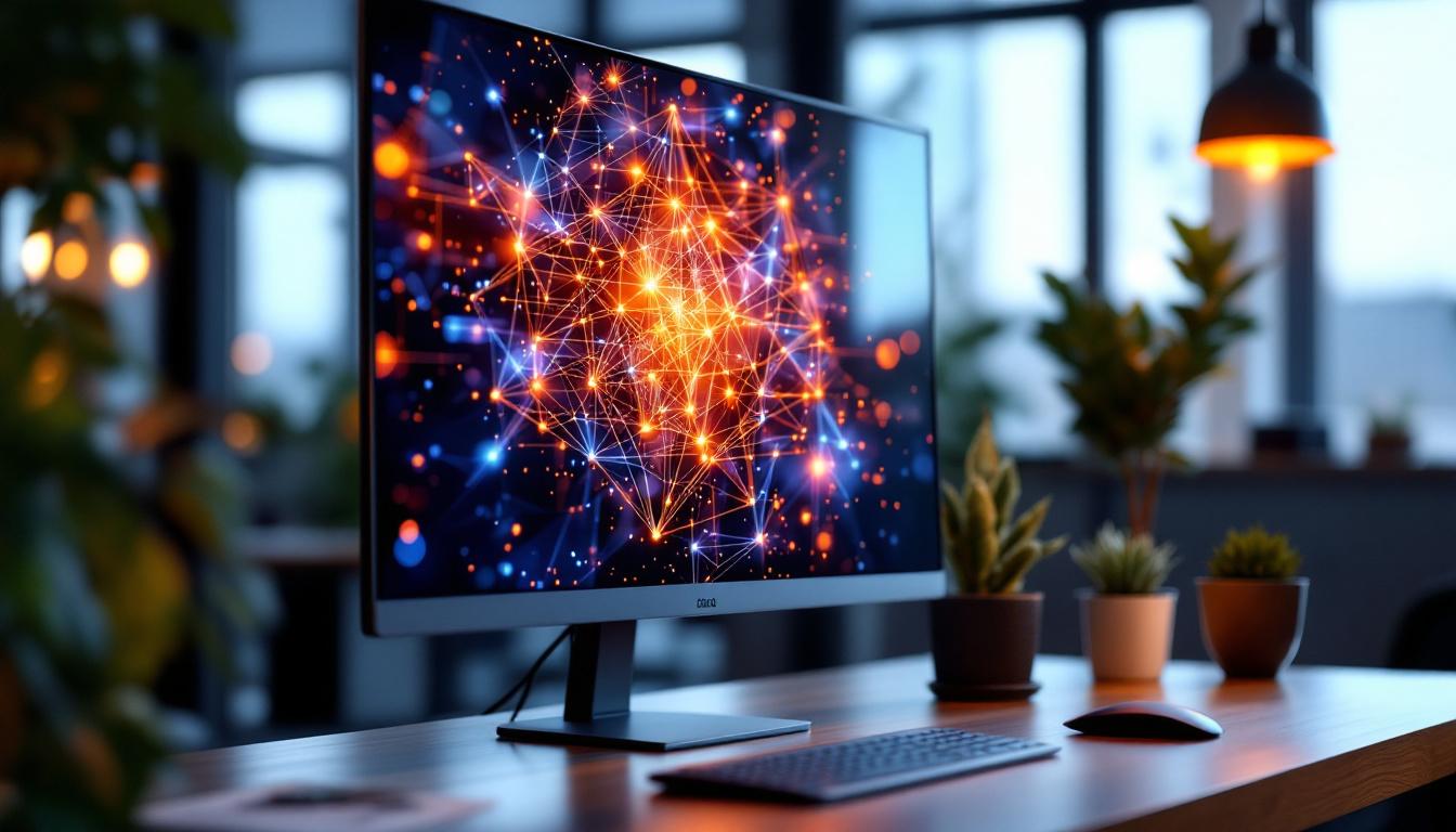 A photograph of a sleek touch screen desktop monitor displaying vibrant led graphics