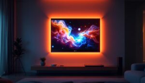 A photograph of a modern wall screen projector in action