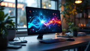 A photograph of capture a photograph of a sleek 24-inch touch screen monitor displaying vibrant led visuals