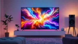A photograph of capture a photograph of a sleek 55-inch touch screen tv displaying vibrant led visuals in a modern living room setting
