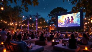 A photograph of a vibrant outdoor movie setup featuring a large led screen displaying a film