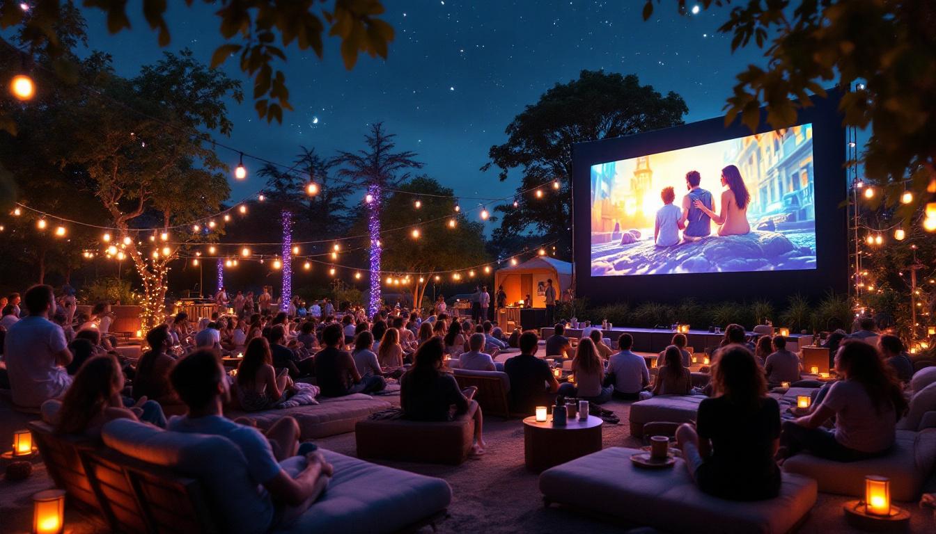 A photograph of a vibrant outdoor movie setup featuring a large led screen displaying a film