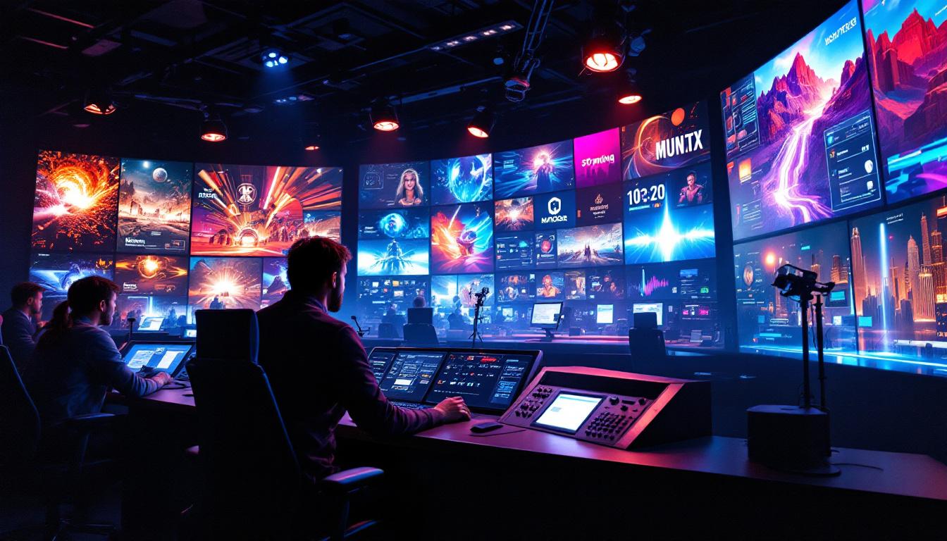 A photograph of a vibrant broadcasting room filled with large led displays showcasing dynamic visuals
