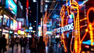 A photograph of capture a photograph of a vibrant led display showcasing foot solutions products or services in a bustling las vegas setting