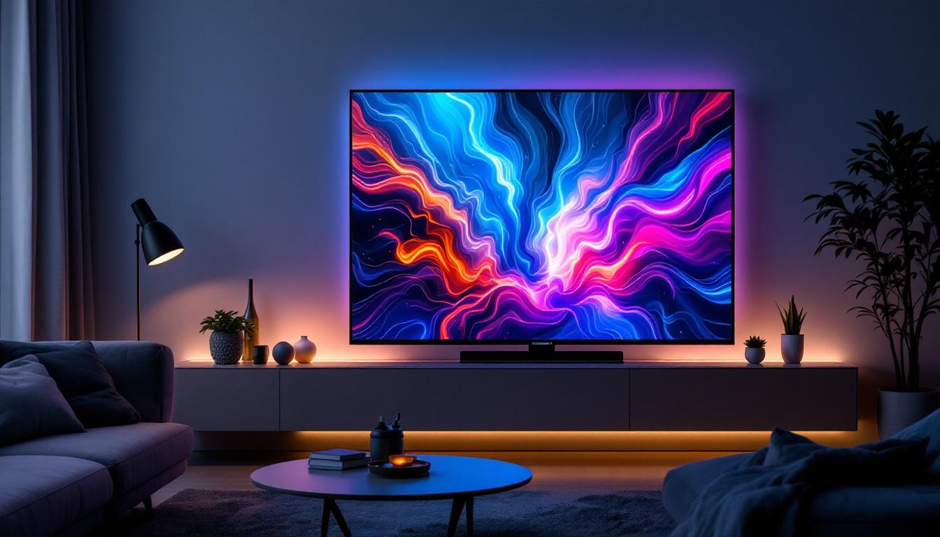 A photograph of a sleek 65-inch plasma screen displaying vibrant led visuals in a modern living room setting