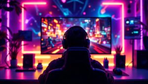 A photograph of capture a photograph of a vibrant gaming setup featuring an led display showcasing an engaging online game