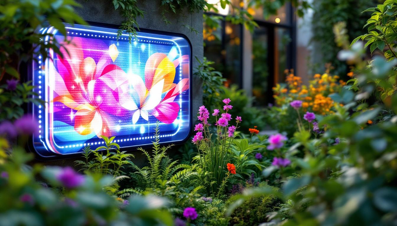 A photograph of a vibrant garden setting featuring a sleek led display integrated among the plants