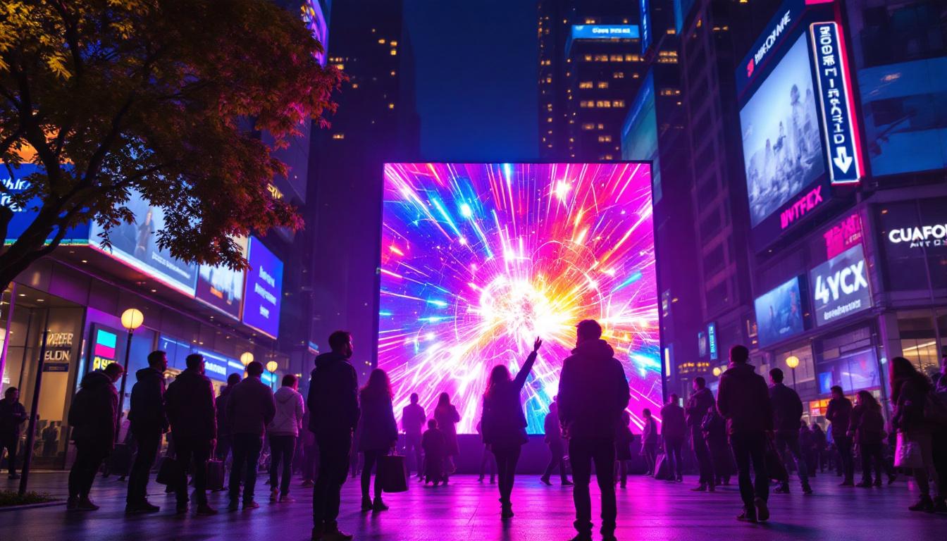 A photograph of a vibrant led display in an urban setting