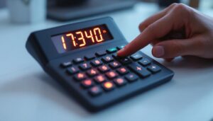 A photograph of a close-up shot of a rei calculator's led display in use