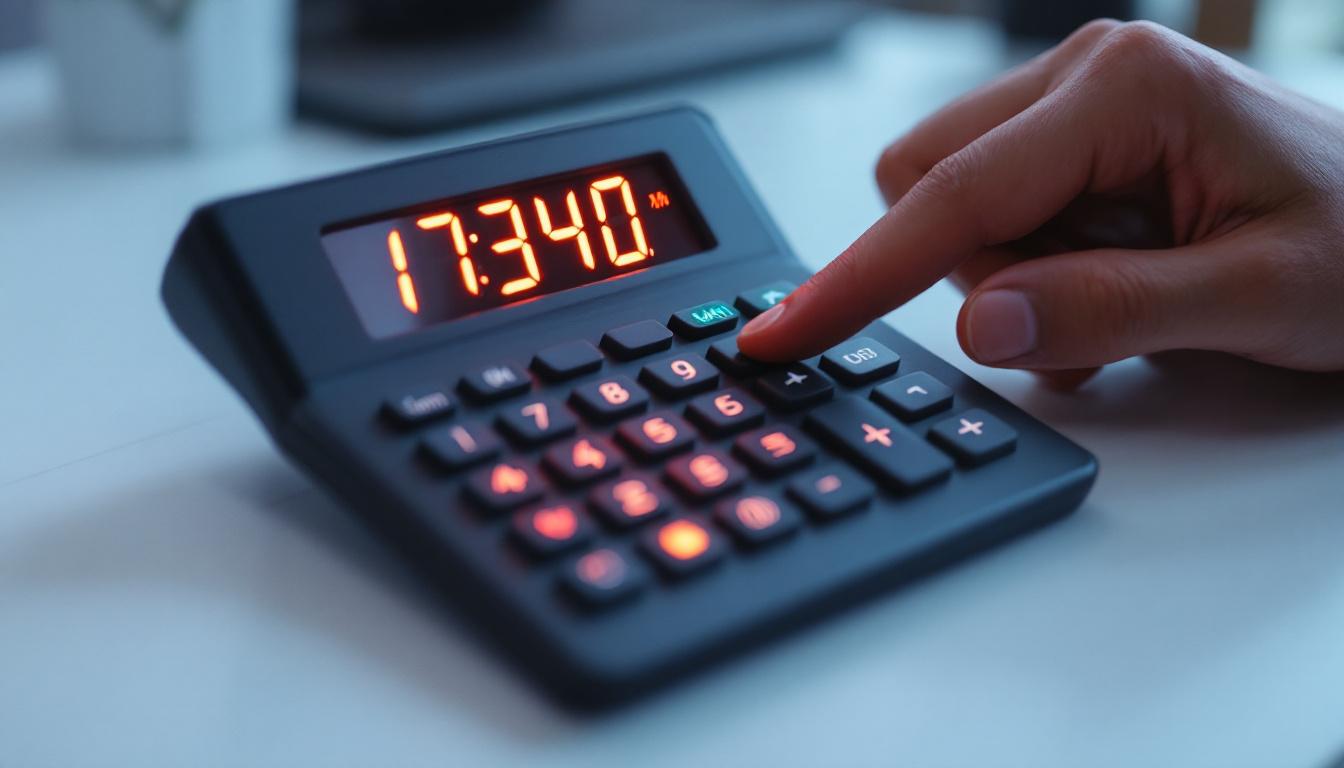 A photograph of a close-up shot of a rei calculator's led display in use