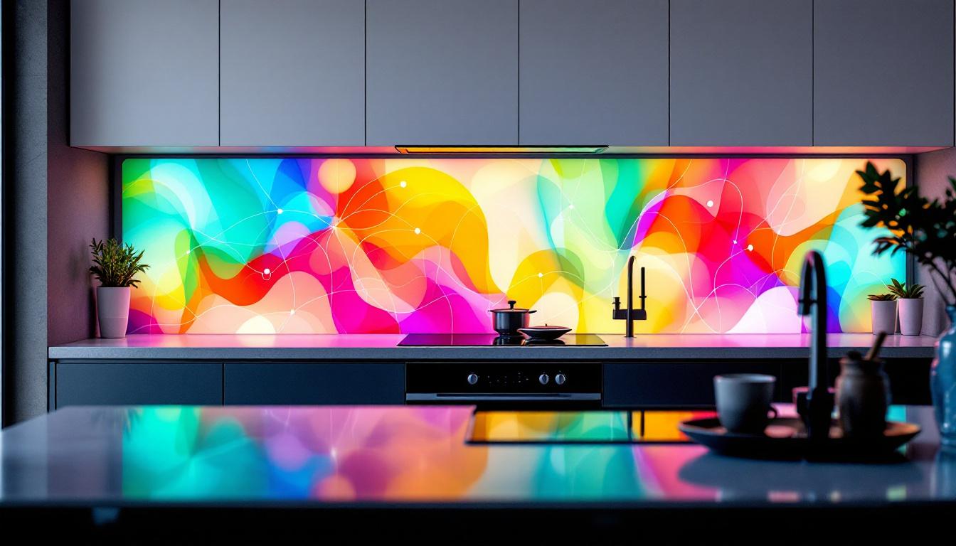 A photograph of a modern kitchen featuring a sleek led backsplash display in action