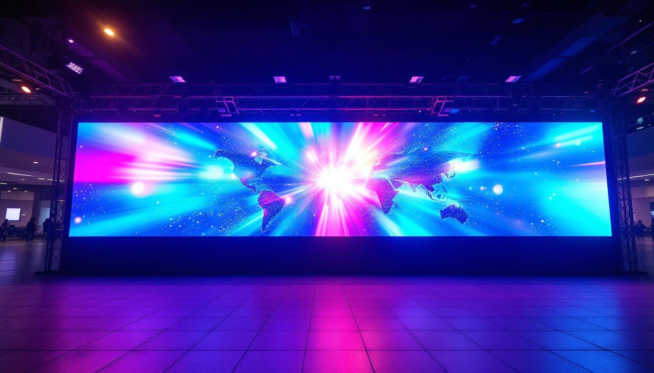 A photograph of a vibrant led display showcasing dynamic visuals