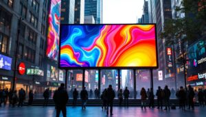 A photograph of a vibrant large led sign in a bustling urban setting