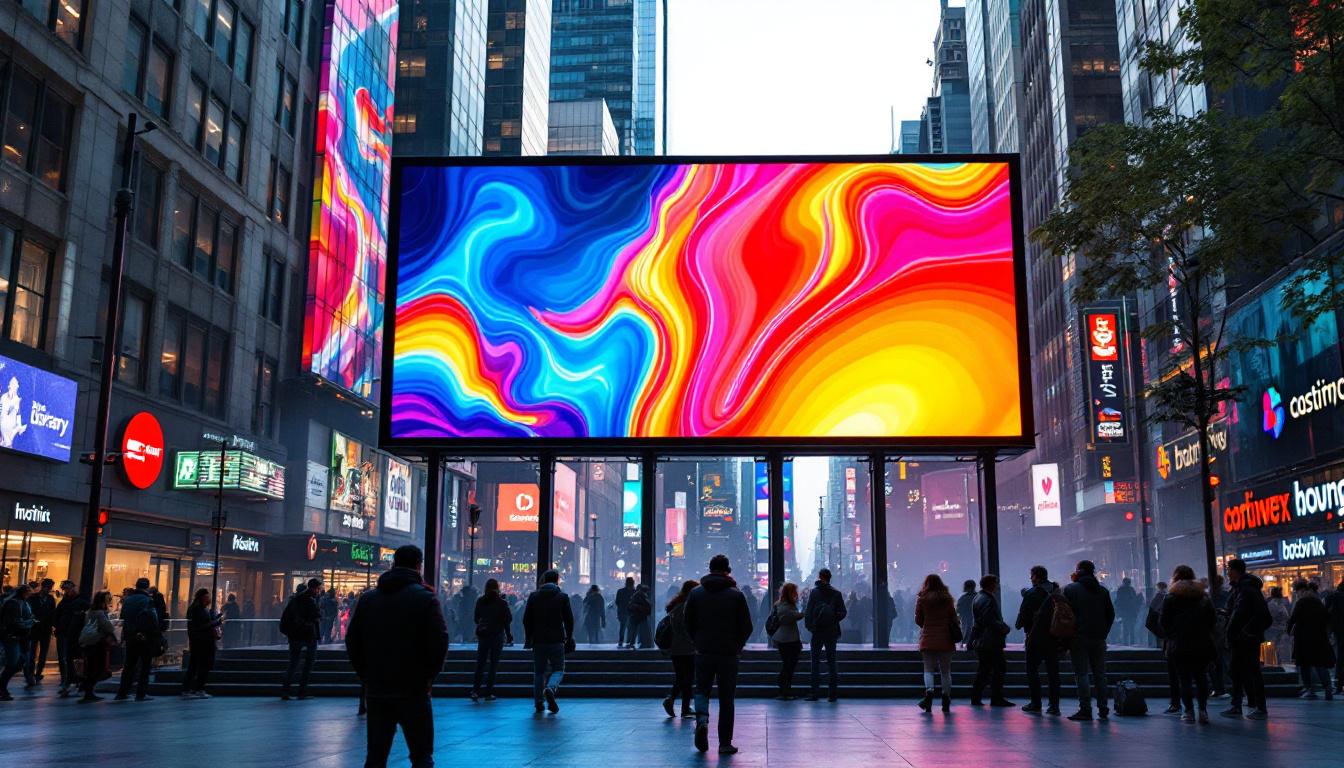 A photograph of a vibrant large led sign in a bustling urban setting