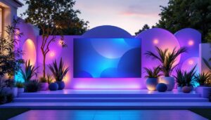 A photograph of a vibrant outdoor space featuring a large led display integrated into an aesthetically pleasing wall decor setup