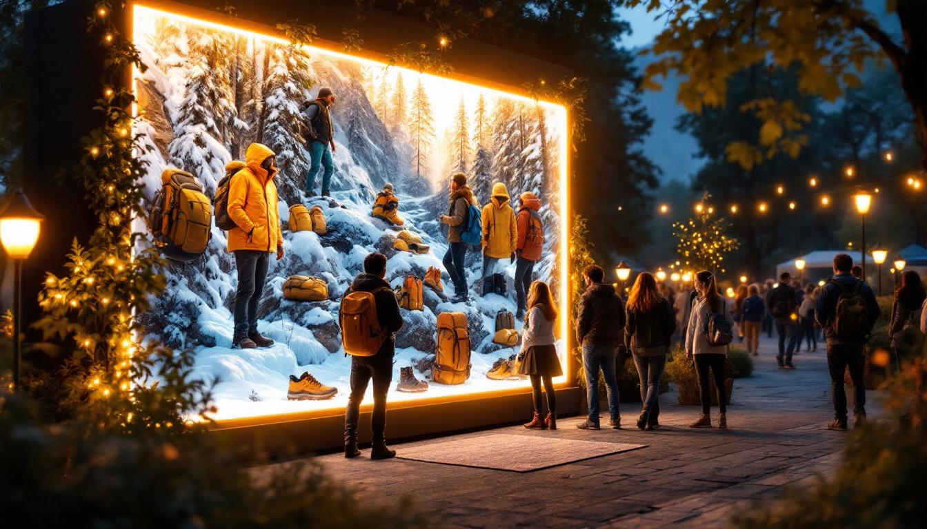 A photograph of a vibrant outdoor scene featuring a well-lit led display showcasing outdoor gear