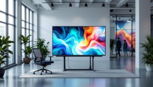 A photograph of a modern portable office setup featuring sleek led display walls in an open workspace environment