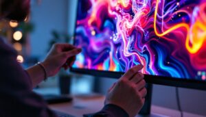 A photograph of a close-up of a person adjusting the brightness settings on a modern led monitor