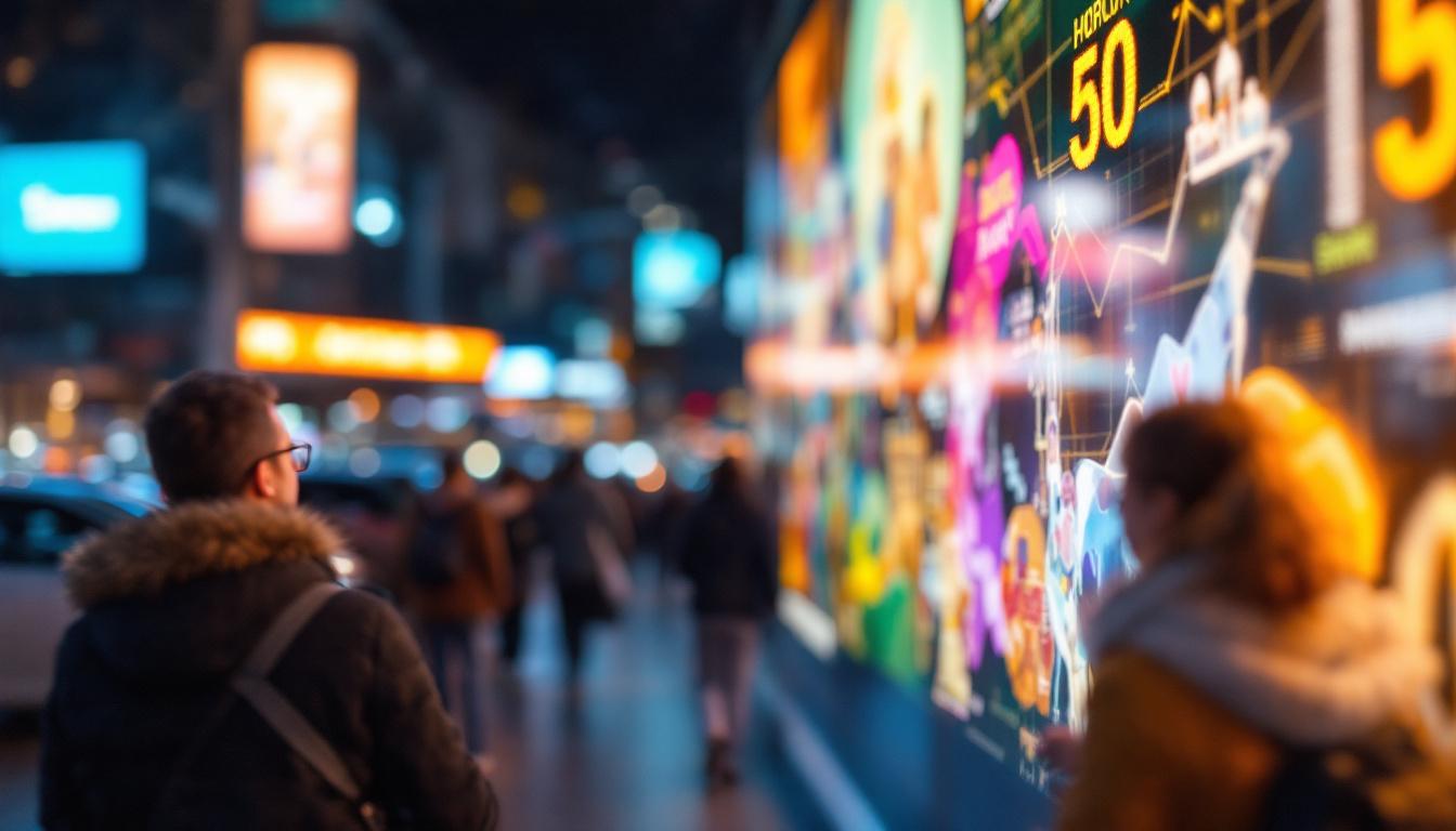 A photograph of capture a photograph of a vibrant led display in an engaging public setting