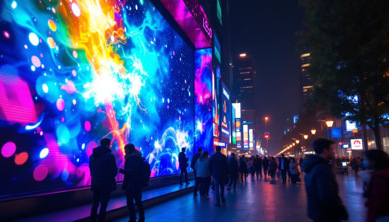 A photograph of a vibrant led display in a bustling urban environment