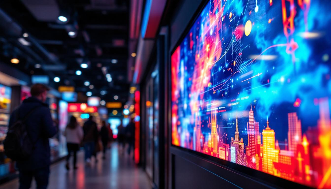 A photograph of a vibrant led display in a dynamic retail environment