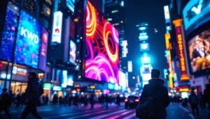 A photograph of a vibrant led display in a bustling urban environment at night
