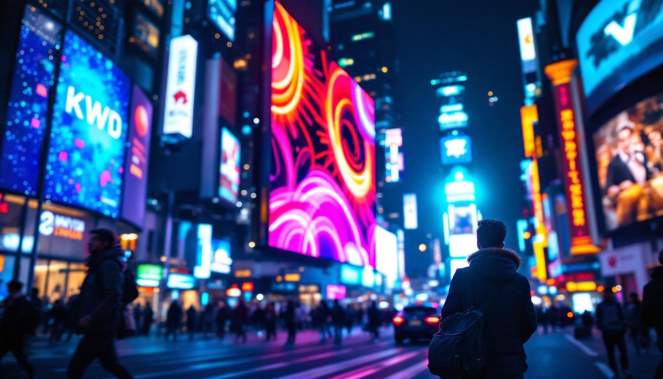 A photograph of a vibrant led display in a bustling urban environment at night