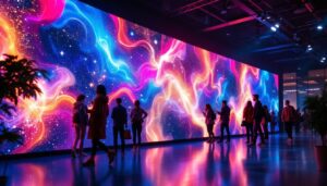 A photograph of a vibrant led display wall in a dynamic setting