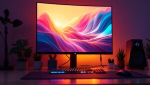 A photograph of a sleek ibuypower pc setup featuring the led display of the antenna prominently illuminated