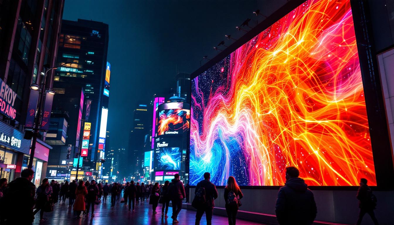 A photograph of a vivid led display in a bustling urban environment