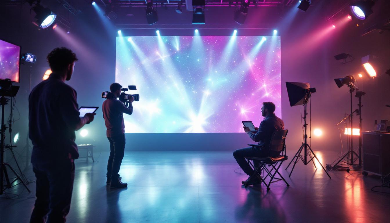 A photograph of capture a photograph of a vibrant led display in a virtual production studio