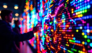 A photograph of a close-up shot of a vibrant led display in action