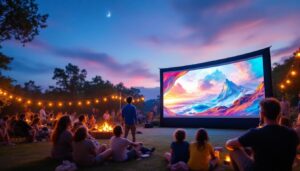 A photograph of a vibrant outdoor setting featuring a large led projector screen displaying a captivating image