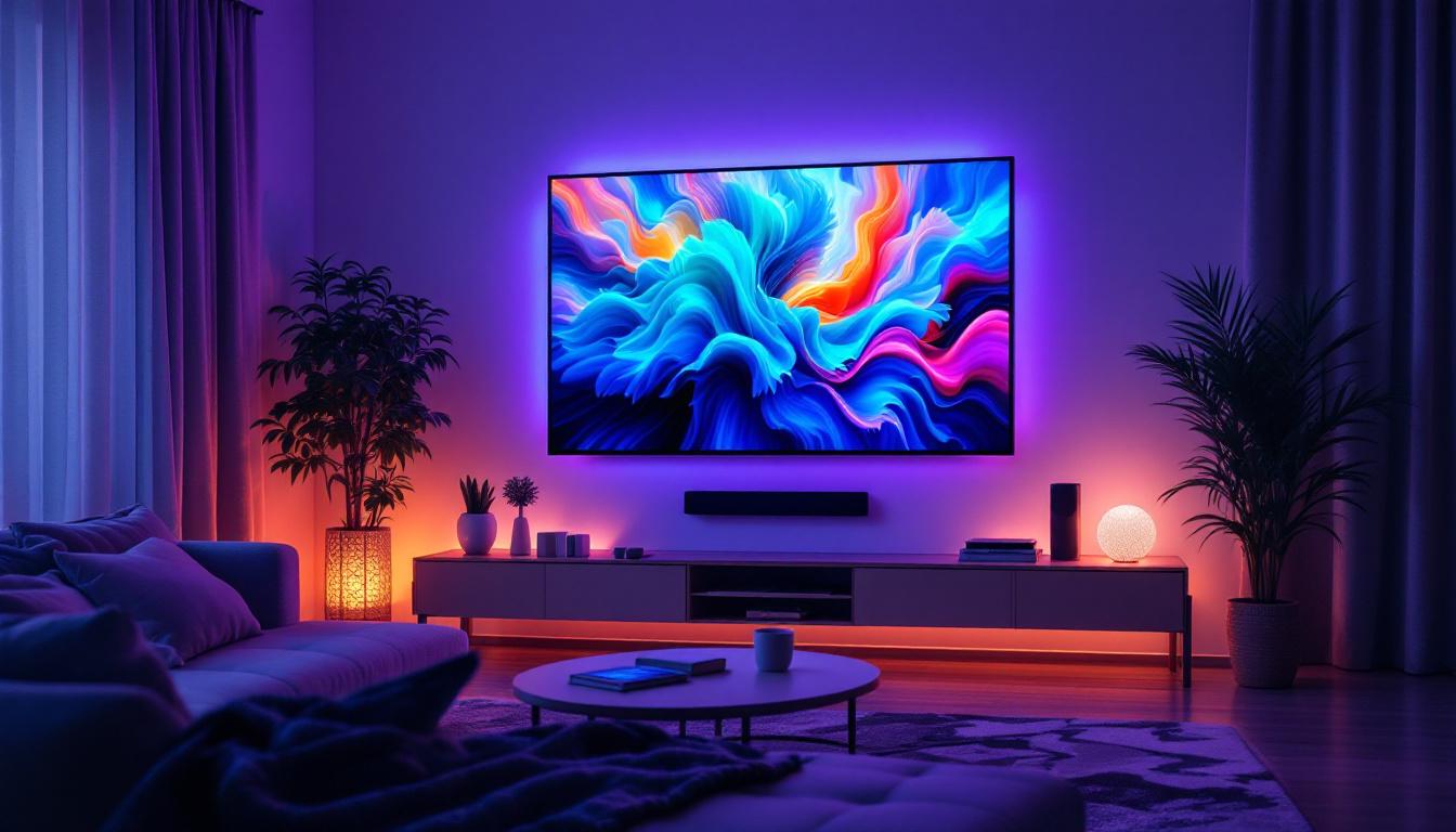 A photograph of a modern living room setup featuring a sleek led tv displaying vibrant content