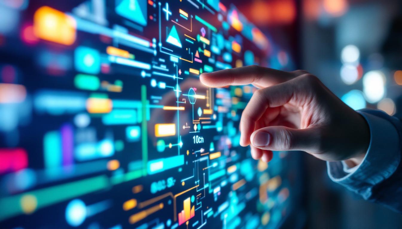 A photograph of a close-up of a vibrant touch screen led display in use