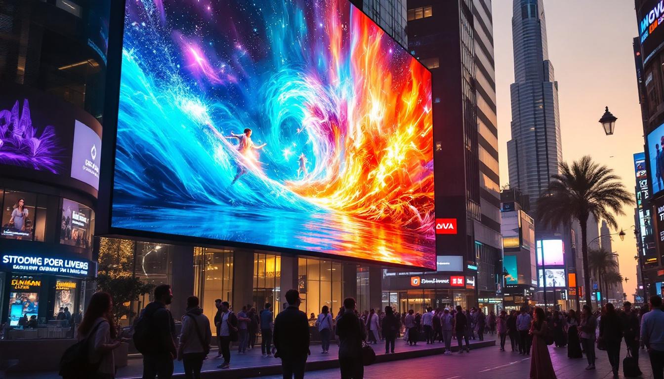 A photograph of a vibrant led display in a bustling urban setting in the uae