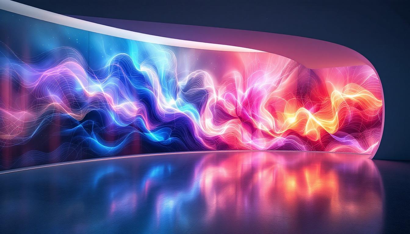 A photograph of a beautifully designed curved wall featuring an led display