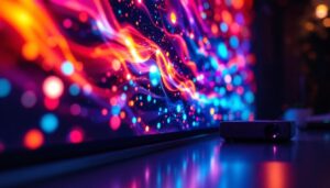 A photograph of a high-quality projector screen displaying vibrant led visuals