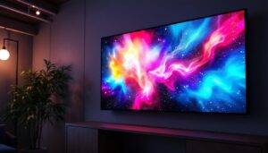 A photograph of a vibrant led display screen showcasing a dynamic image or video