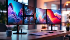 A photograph of a sleek multi-screen mount setup showcasing vibrant led displays in a modern workspace