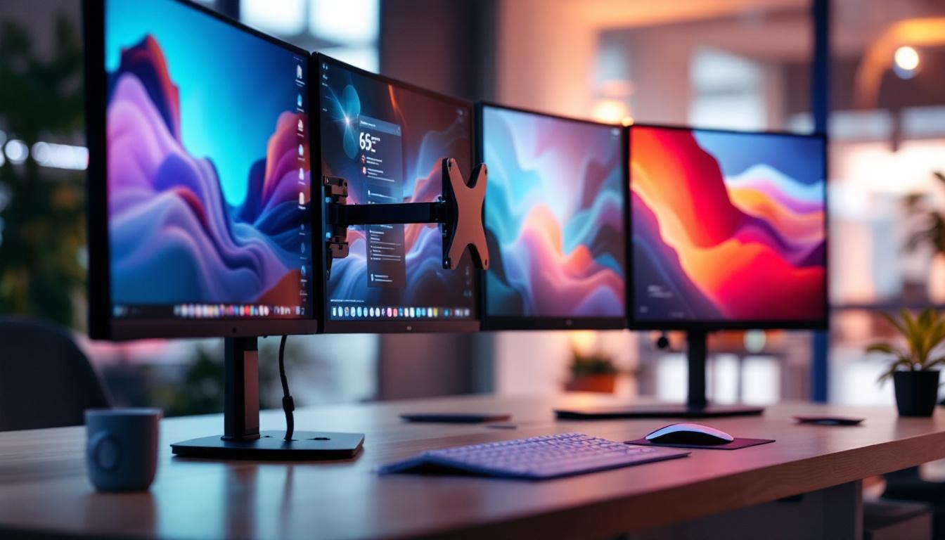 A photograph of a sleek multi-screen mount setup showcasing vibrant led displays in a modern workspace